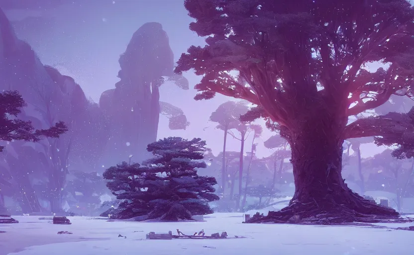 Image similar to A landscape with a giant tree in the snow, Low level, rendered by Beeple, Makoto Shinkai, syd meade, simon stålenhag, environment concept, synthwave style, digital art, unreal engine, WLOP, trending on artstation, 4K UHD image, octane render,