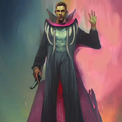 Prompt: lucifer in mountain using pink jumpsuit tarot card, digital, rider waite card, painting, ultradetailed, artstation, oil painting, ultradetailed, artstation