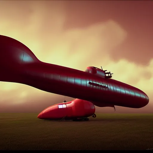 Image similar to photorealistic plane and blimp and airship dieselpunk art deco streamlined crimson sky by paul roman martinez, octane render, 3 d, highly detailed,
