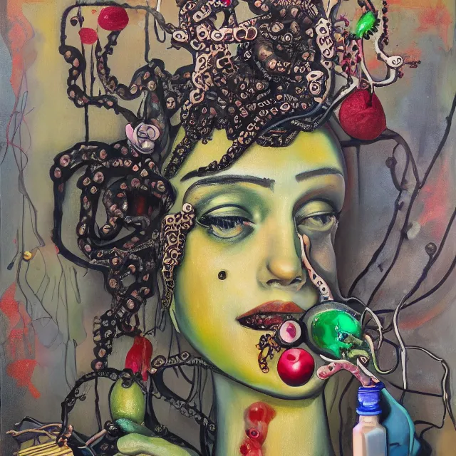 Prompt: transgender, portrait of a female art student, scientific glassware, oscilloscope, x - ray, sensual, sweet almost oil, almond blossom, squashed berries dripping, octopus, candlelight, neo - impressionist, surrealism, acrylic and spray paint and oilstick on canvas