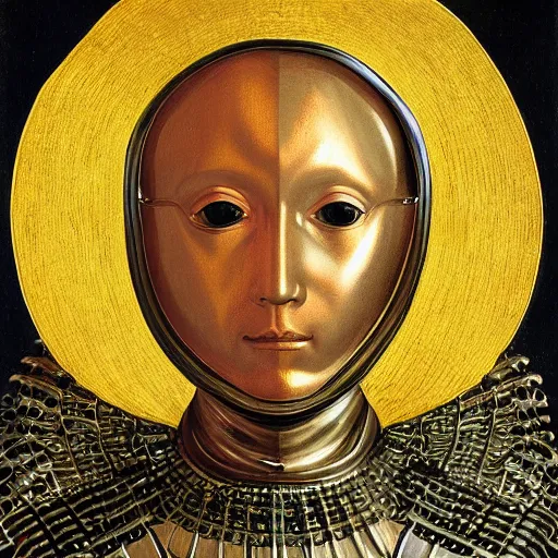 Prompt: a portrait of a shiny metallic renaissance robot, in the style of Jan van Eyck,