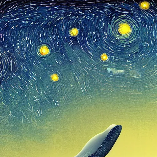 Prompt: a starry night sky with a giant flying whale, vibrant in colours, highly detailed, 8k digital art