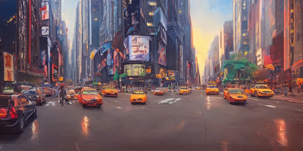 Prompt: New york city, street view, cinematic angle, studio Ghibli, cinematic lighting, detailed oil painting, hyperrealistic, 8k