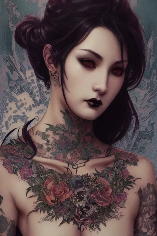 Image similar to portrait of goth yakuza girl tattoos, piercing, intricate, elegant, highly detailed, digital painting, artstation, concept art, smooth, sharp focus, illustration, art by artgerm and greg rutkowski and alphonse mucha and william-adolphe bouguereau