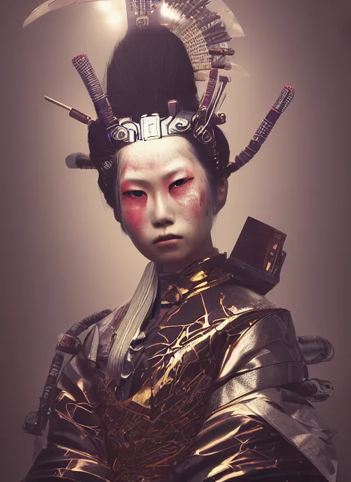 Image similar to portrait of a futuristic samurai geisha cyborg, kintsugi, modern fine art, fractal, intricate, elegant, highly detailed, digital photography, parallax, subsurface scattering, in the style of ghost, by jheronimus bosch and greg rutkowski,