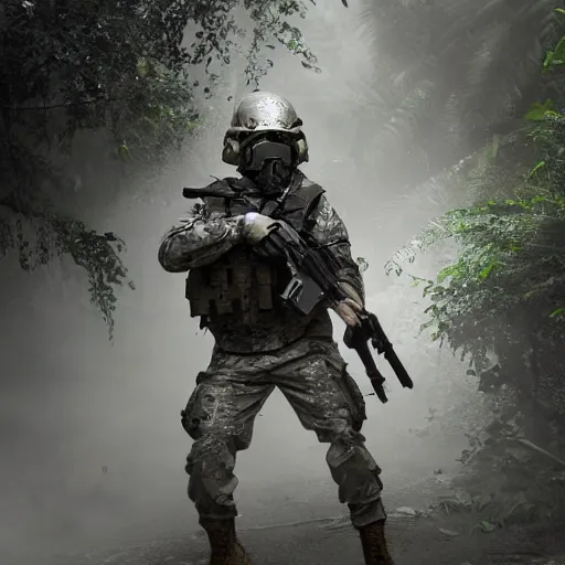 Image similar to Mercenary Special Forces soldier in light grey uniform with black armored vest and helmet launching an ambush attack in the jungles of Tanoa, combat photography by Feng Zhu, highly detailed, excellent composition, cinematic concept art, dramatic lighting, trending on ArtStation