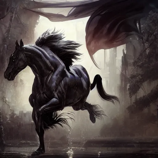 Prompt: splash art of a huge muscular black - coated anthropomorphic horse character with long white hair wearing tactical kevlar fabric, exaggerated muscle physique, highly detailed, furry, furaffinity, digital painting, artstation, sharp focus, illustration, weta digital, art by artgerm, greg rutkowski, alphonse mucha