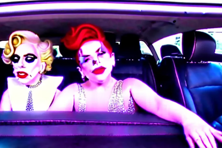 Image similar to lady gaga and judy garland doing carpool karaoke, lady gaga and judy garland, carpool karaoke, lady gaga, judy garland, carpool karaoke, youtube video screenshot, the late late show with james corden