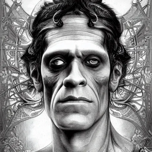 Image similar to An intricate detailed complex pencil drawing of frankenstein, dead eyes , contrast atmosphere, majestic, symmetrical face, artgerm, Dark mist, portrait, detailed monochrome, featured on artstation hd, detalied complex of monster illustration, character design art, border and embellishments dslr, hyperreal by Alphonse Mucha