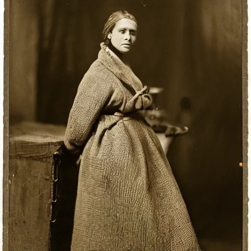 Image similar to Woman wearing burlap coat in Russia, 1839, photo, cinematic lighting, melancholy