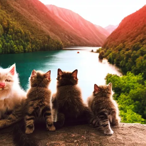 Prompt: group of kittens sitting on a chair at the top of a mountain looking out over a river in a valley