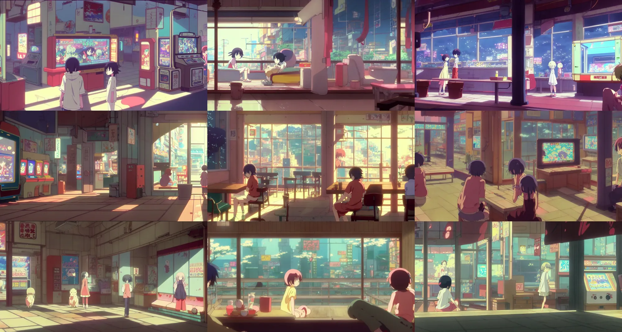 Prompt: beautiful slice of life anime scene of video game arcade, inside, happy, relaxing, calm, cozy, peaceful, by mamoru hosoda, hayao miyazaki, makoto shinkai