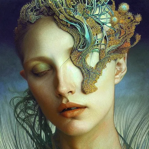 Prompt: queen of jupiter by zdzisław beksinski, iris van herpen!!!, raymond swanland and alphonse mucha. highly detailed, hyper - real, beautiful!