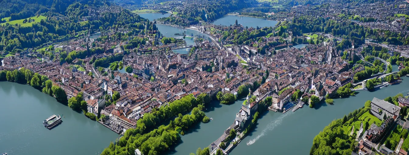 Image similar to Photo of Zurich, looking down the Limmat at the lake and the alps, Hardturm, Grossmünster, Lindenhof, Üetliberg, wide angle, volumetric light, hyperdetailed, light blue water, artstation, cgsociety, 8k