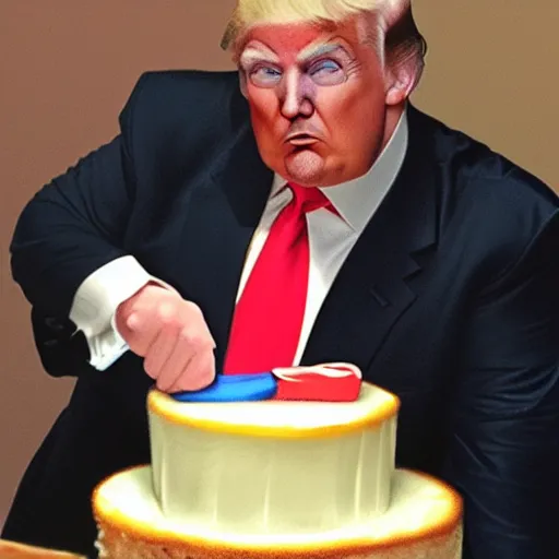 Prompt: Obese Donald Trump eating a cake
