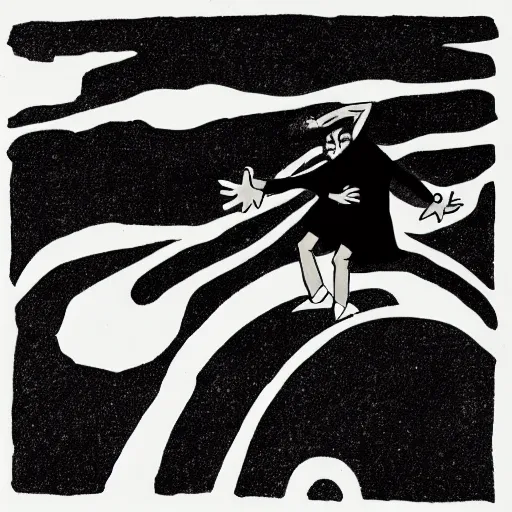 Image similar to minimalistic neat ink drawing of cartoon wizard falling above the sea, by Bill Waterson, by Rutkowsky,