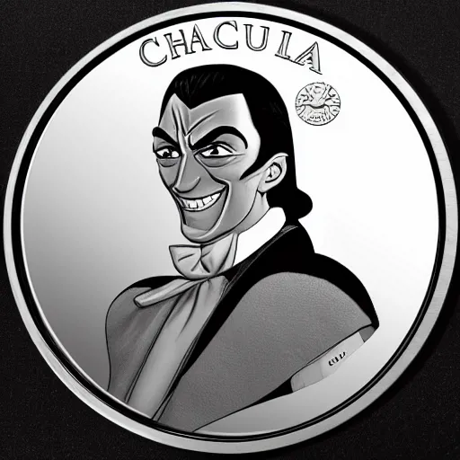 Image similar to a new coin design featuring a portrait of Count Chocula. shiny silvery mirror surface