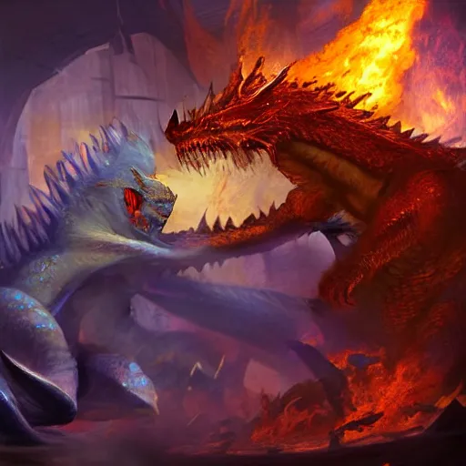 Prompt: ginger man in a purple t-shirt fights a fire breathing dragon in a room filled with dragon eggs, painted, by Hidetaka Miyazaki, high fantasy, concept art, magic the gathering style