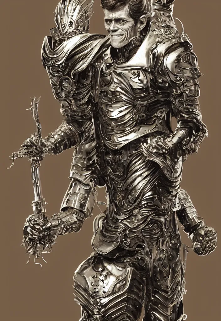 Image similar to powerful male tin man, willem dafoe as tinman, full body character concept, covered in full metal armor, art nouveau, super powers, fantasy, intricate, elegant, highly detailed, digital painting, artstation, concept art, shining, sharp focus, illustration, art by stanley lau