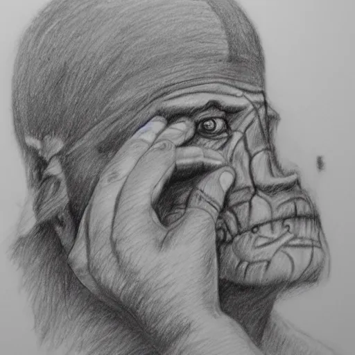 Image similar to mummy puts his hand on the head of a warrior, pencil drawing