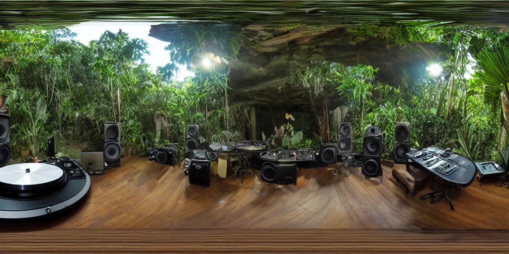 Image similar to a dream recording studio with turntables and large speakers in the jungle, by james gurney, equirectangular projection 360 panoramic