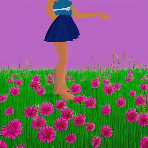 Image similar to A performance art of a young girl with blonde hair, blue eyes, and a pink dress. She is standing in a meadow with flowers and trees. raytracing, lawn green by Sailor Moon gloomy