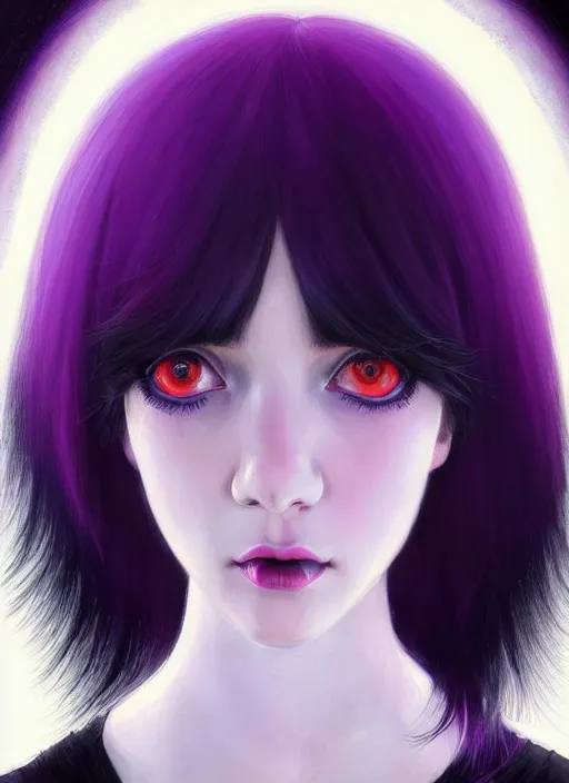 Image similar to hair blackbangs hair, white hair, blackbangswhitehair, portrait of teenage girl with black bangs, red irises, purple clothes, black bangs, bangs are white hair is black, intricate, elegant, glowing lights, highly detailed, digital painting, artstation, concept art, sharp focus, illustration, art by wlop, mars ravelo and greg rutkowski