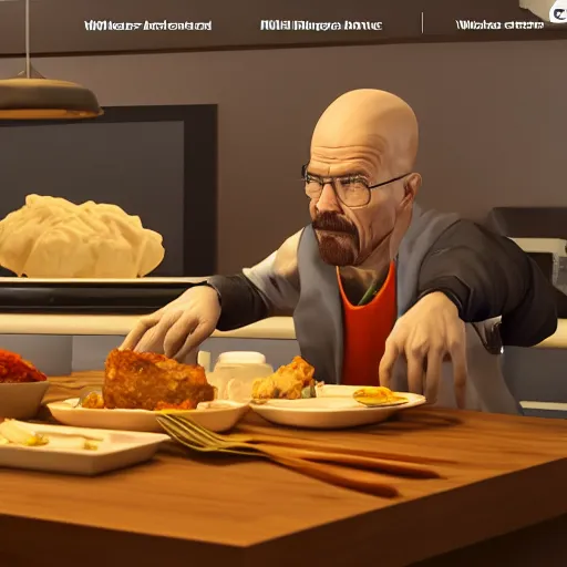 Prompt: Walter white eating chicken in a kitchen, award winning, trending on artstation, unreal engine