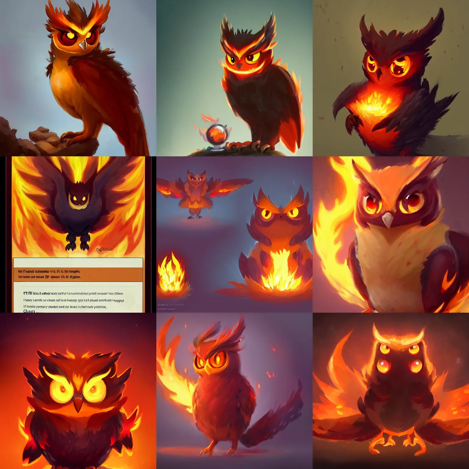 Prompt: full shot,a cute fire owl Pokémon with big eyes made of flame,Greg Rutkowski,trending on artstation,Light and shadow, High detail,fantasy,D&D, humblewood art style