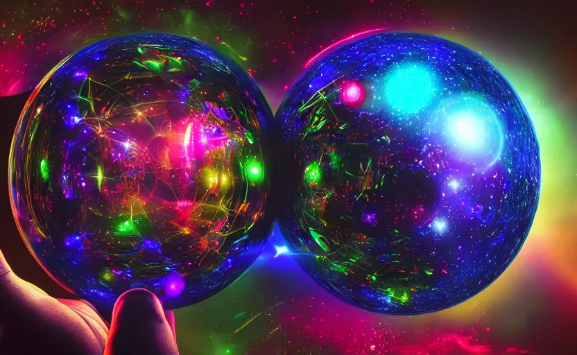 Image similar to enchanted castle, pro - vida, cosmic integration, closeup of a hand holding spheres of power, cosmic color scheme, macro up view, neon, glow, darkness, dramatic, sharp focus, octane render, imax