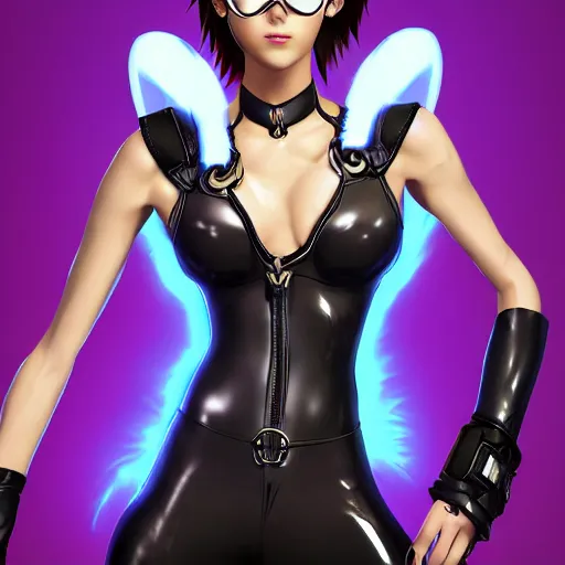 Image similar to portrait bust digital artwork of tracer overwatch, wearing black iridescent rainbow latex tank top, 4 k, expressive happy smug expression, makeup, in style of mark arian, angel wings, wearing detailed black leather collar, chains, black leather harness, detailed face and eyes,