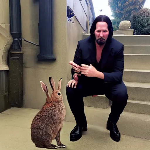 Prompt: keanue reeves posing with a rabbit wearing a john wick costume