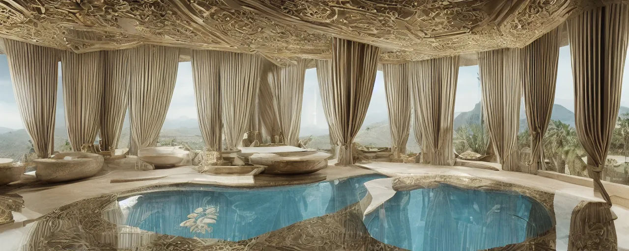 Prompt: photo of a cinematic interior of a double height hyper luxury spa with everything made of gold, candles, silk wavy curtains, ( ( ( windows with view to desert mountains and river ) ) ), beige stone marble floor with reflection, small wellness relaxation pool, intricate hieroglyph detailed roof, contemporary design, sacred geometry, 8 k, hyperrealistic, photorealism,