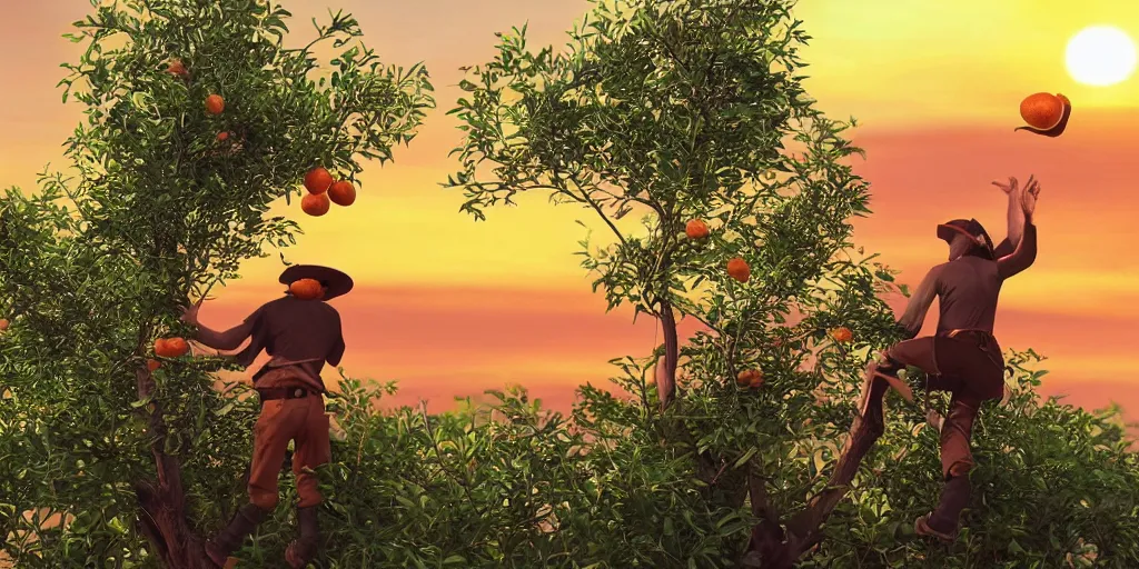 Image similar to “ a pirate picking oranges off of a tree at sunset, ultra realistic ”