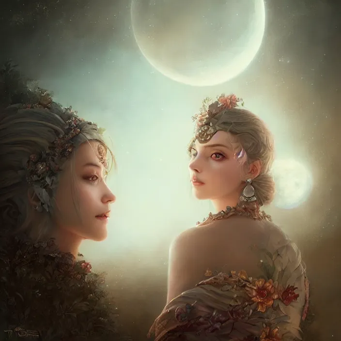 Image similar to ! dream a beautiful digital painting of a princess, princess, the moon behind her, intricate, cinematic lighting, highly detailed, digital painting, concept art, smooth, sharp focus, illustration, art by tom bagshaw, artgerm and greg rutkowski