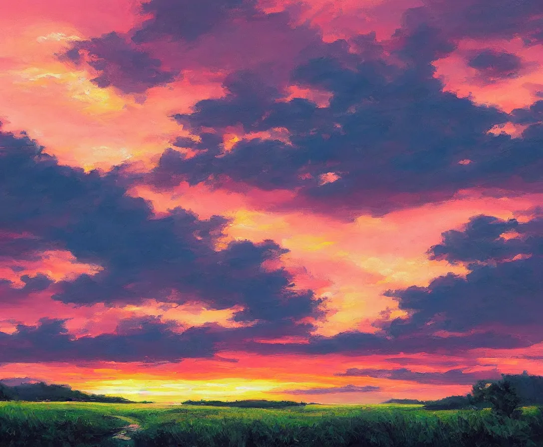 Image similar to sprawling majestic landscape, beautiful nature, pink sky, sunset, calm, serene, painting