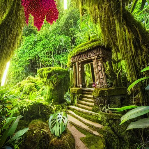 Prompt: a jungle temple surrounded by moss and tropical flowers, with a sunset, by alex horley, bokeh photography, flowerpunk