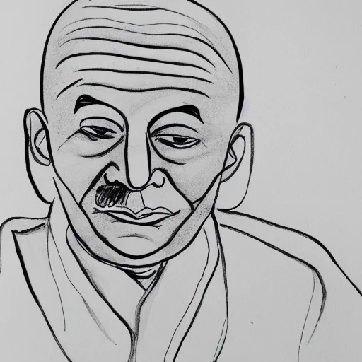 Image similar to continuous single line contour - drawing of ghandi, pen on white paper