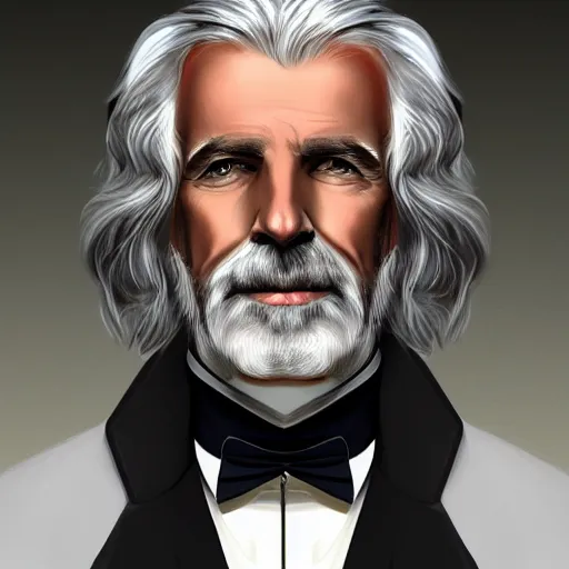 Image similar to old greying flowing hair handsome man with high collar fantasy, symmetrical beautiful, portrait, painting, trending on artstation