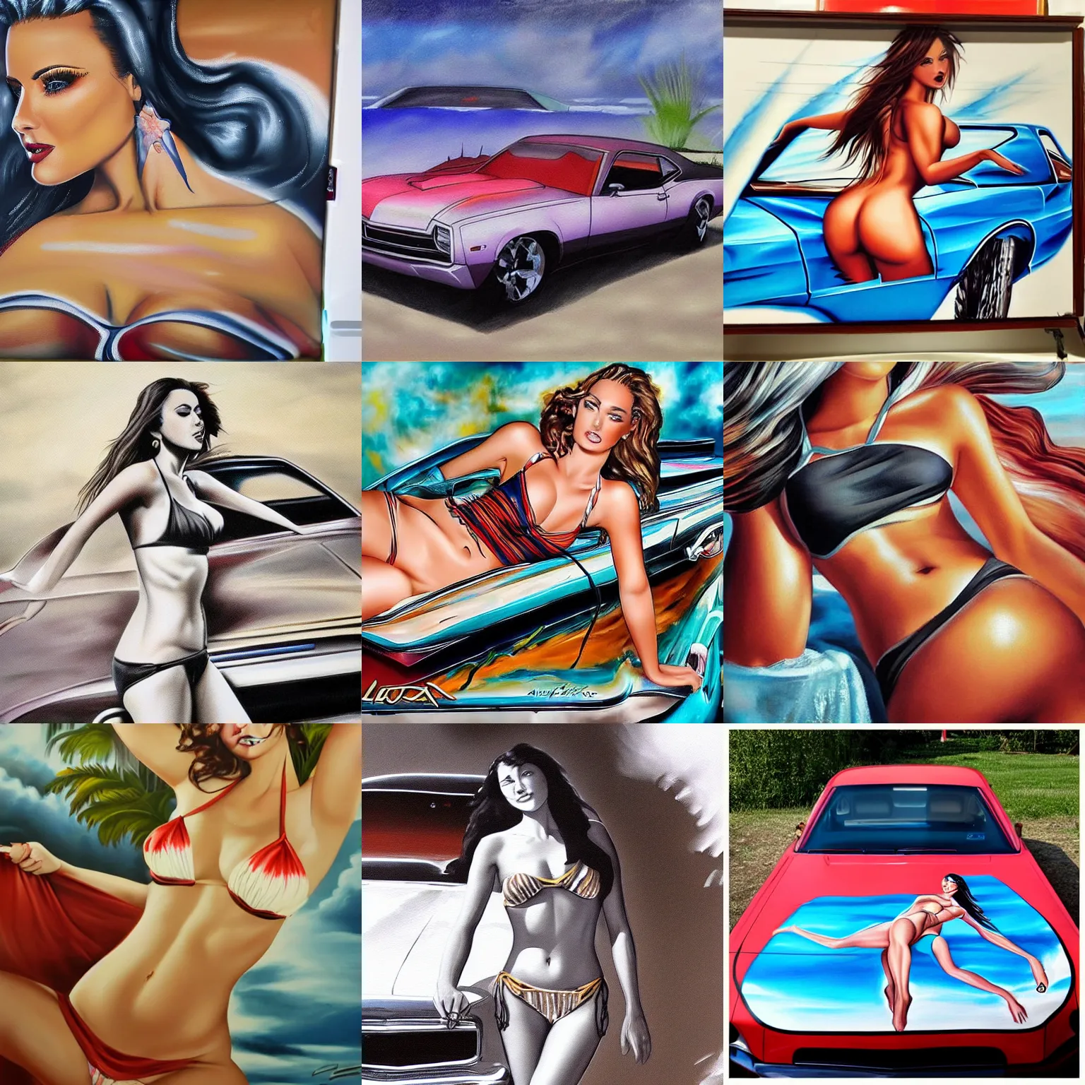 Prompt: an airbrush painting of a sexy woman wearing a bikini painted on the bonnet of a muscle car