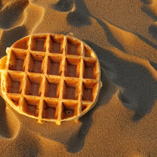 Image similar to an eggo waffle in the sand on the beach, high quality photograph, sigma 8 5 mm f / 8