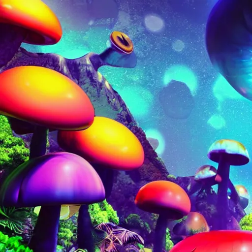 Prompt: colorful alien planet background, giant mushrooms, waterfall, tropical vegetation, rocks, anime, octane render, 4 k, ingame shot