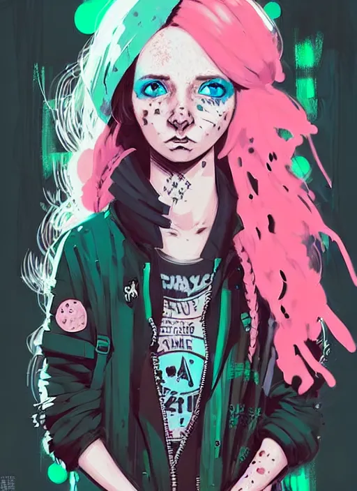 Prompt: highly detailed portrait of a sewer punk lady student, blue eyes, freckles, tartan hoody, pink hair by atey ghailan, by greg rutkowski, by greg tocchini, by james gilleard, by joe fenton, by kaethe butcher, gradient green, black, brown and magenta color scheme, grunge aesthetic!!! ( ( graffiti tag wall background ) )