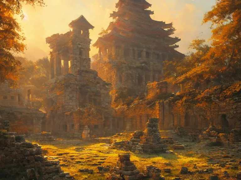 Image similar to ancient city ruins, ⛩, oil painting, 8 k, beautiful, vine, golden light, highly detailed, smoothly, artstation, cinematic, by wlop, by greg rutkowski, by artgerm