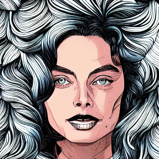 Image similar to detailed illustration of margot robbie in flat colour, by james jean, by yukio shimizu