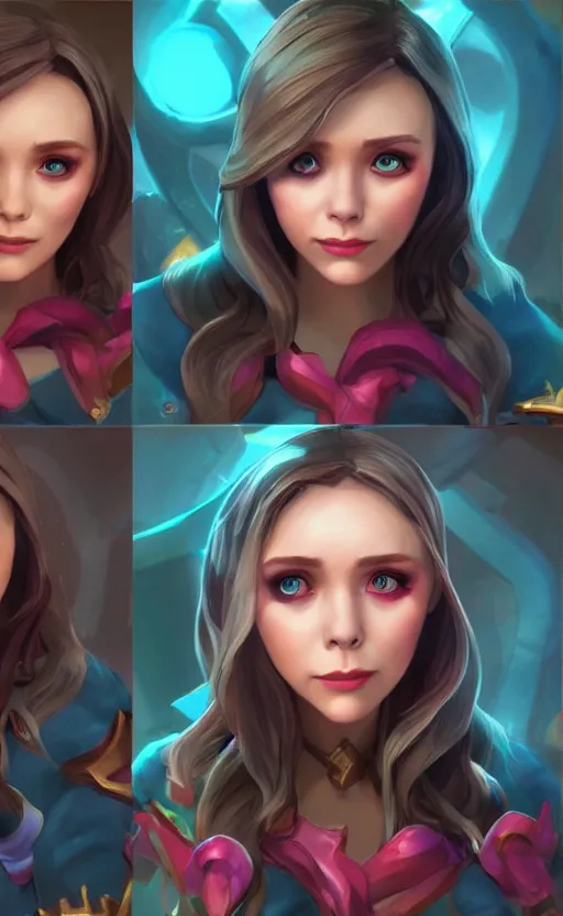 Prompt: Elizabeth Olsen as a character in the game League of Legends, with a background based on the game League of Legends, detailed face, old 3d graphics