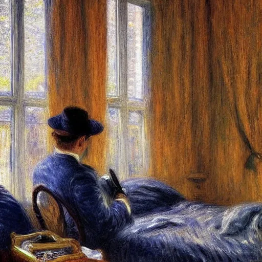 Image similar to on a rainy day, someone in home sits in bed, curled up under the covers, watching the rain outside the window, cinematic, artstation, extremely detailed, intricate, cinematic lighting, art by pierre - auguste renoir, gustave caillebotte