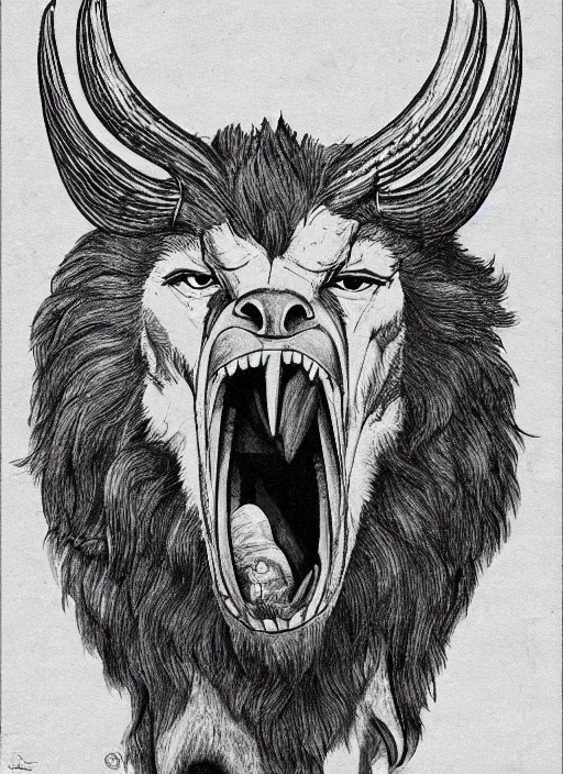 Image similar to a mighty strong creature with the body and eyes of a man, with the beak of an eagle, the mane of a lion and the horns of an ox. drawn by boris val