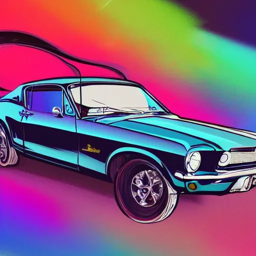 Prompt: a detailed render of a neon colored batmobile in a 1 9 6 7 ford mustang fastback, vector art, art by john collier and albert aublet and krenz cushart and artem demura and alphonse mucha, cosmic, heavenly, god rays, intricate detail, cinematic, 8 k, cel shaded, unreal engine, featured on artstation, pixiv