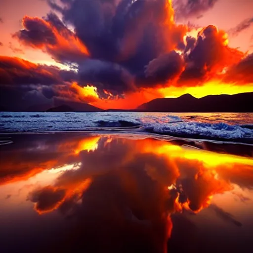 Prompt: landscape photography by marc adamus, the sea, sunset, dramatic lighting, clouds, beautiful'gives instant pleasant looking photography - like images